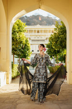 Thumbnail for Vaasva Women Navy Blue Muslin Floral & Embroidered Cut Work Kurta ,Sharara & Dupatta set - Distacart