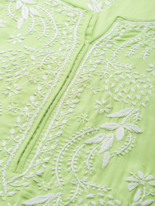 ADA Women Green & White Chikankari Embroidered Cotton Straight Sustainable Kurta - Distacart