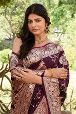 Thumbnail for Joban Fashion Wine Banarasi Soft Pure Handloom Banarasi Silk Saree