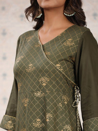 Thumbnail for Ode by House of Pataudi Olive Green & Gold Printed V Neck Angrakha Kurta With Palazzos
