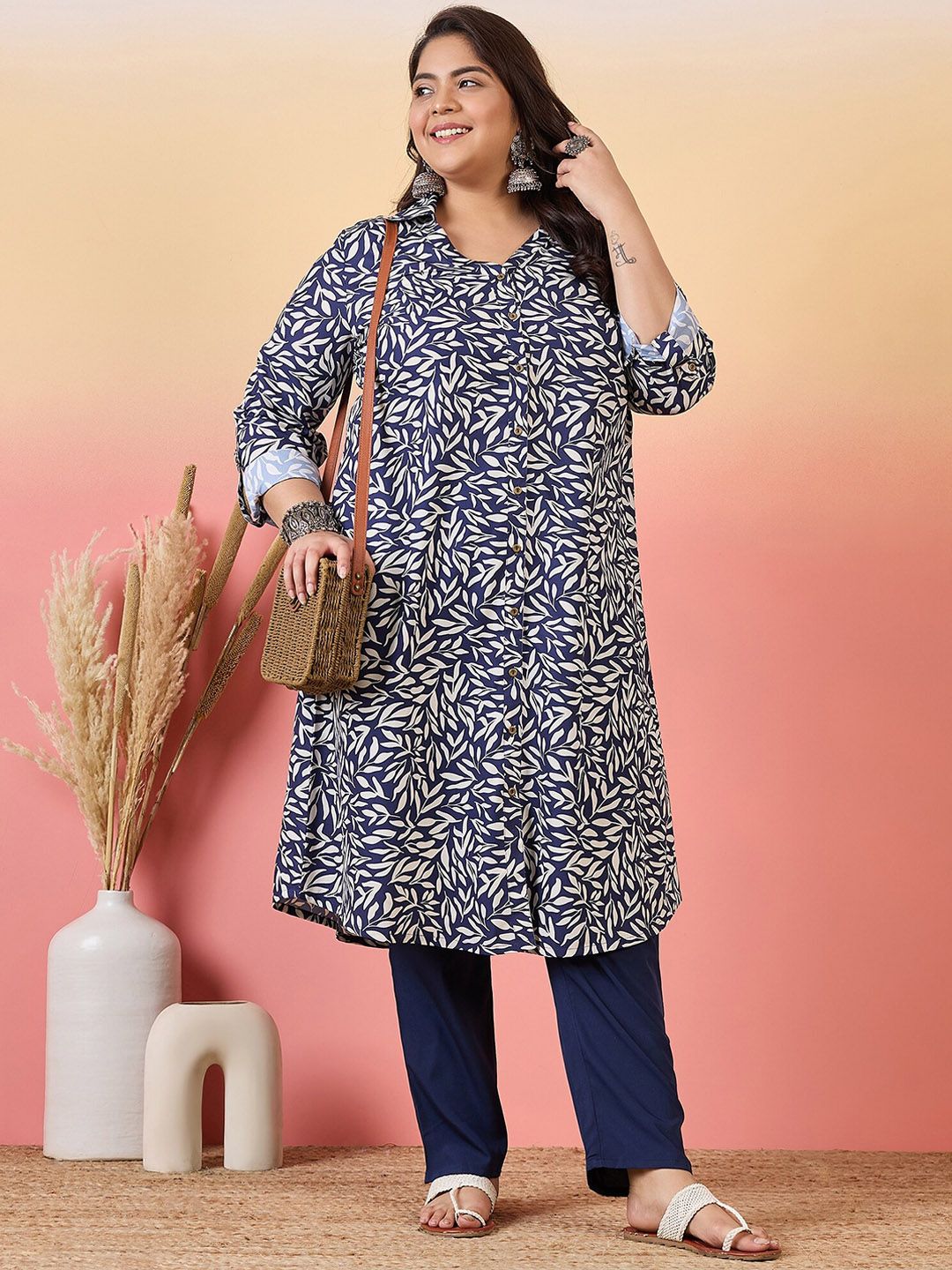 Sztori Plus Size Floral Printed Shirt Collar Roll-Up Sleeves Crepe Pathani Kurta - Distacart