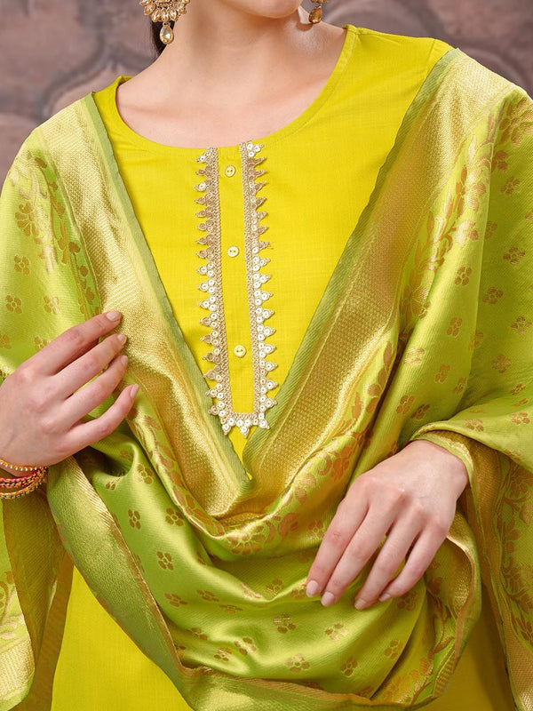 Vishudh Lime Green Gotta Patti Straight Kurta with Palazzo & Dupatta - Distacart