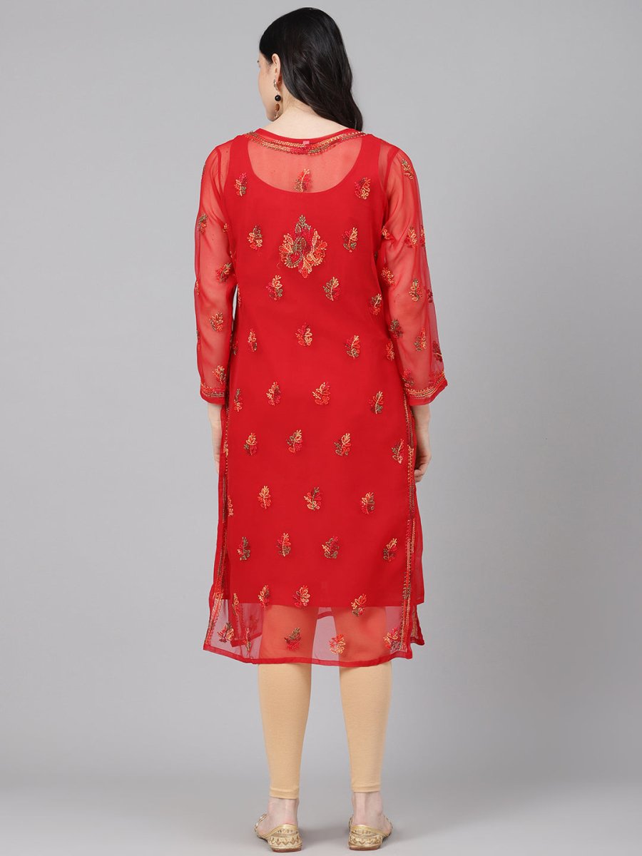 ADA Women Red & Yellow Sheer Chikankari Embroidered Straight Sustainable Handloom Kurta with Inner - Distacart