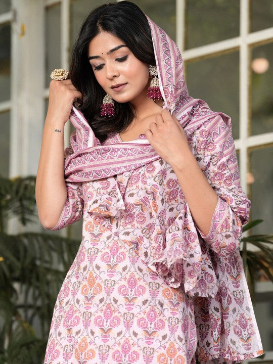 Ethnic Motifs Printed Pure Cotton Straight Kurta with Palazzos & With Dupatta (Pink) - Rasiya