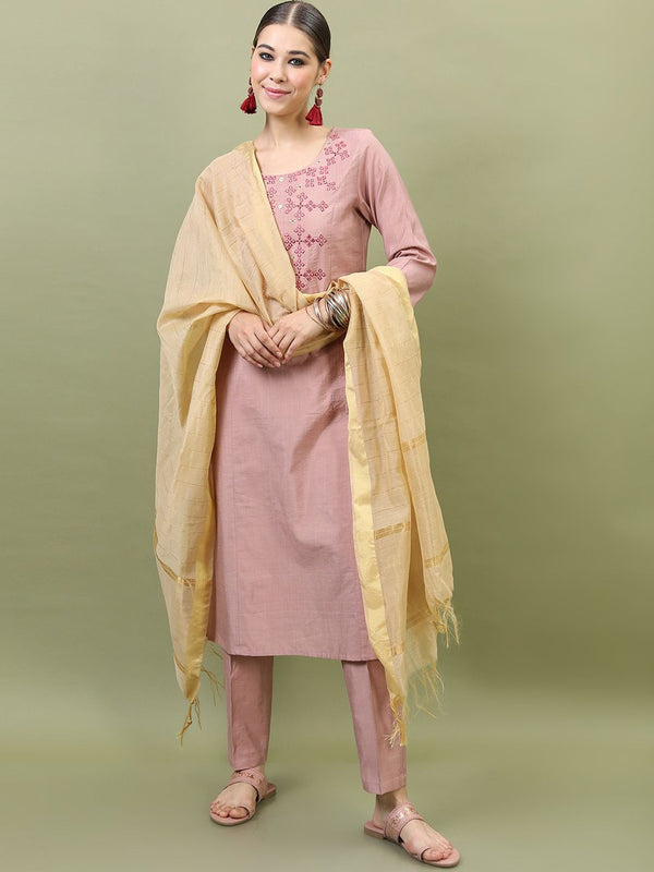 Vishudh Women Pink Kurta with Trousers & With Dupatta - Distacart