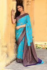 Thumbnail for Joban Fashion Sky Blue Crepe Chiffon Pure Handloom Banarasi Silk Saree