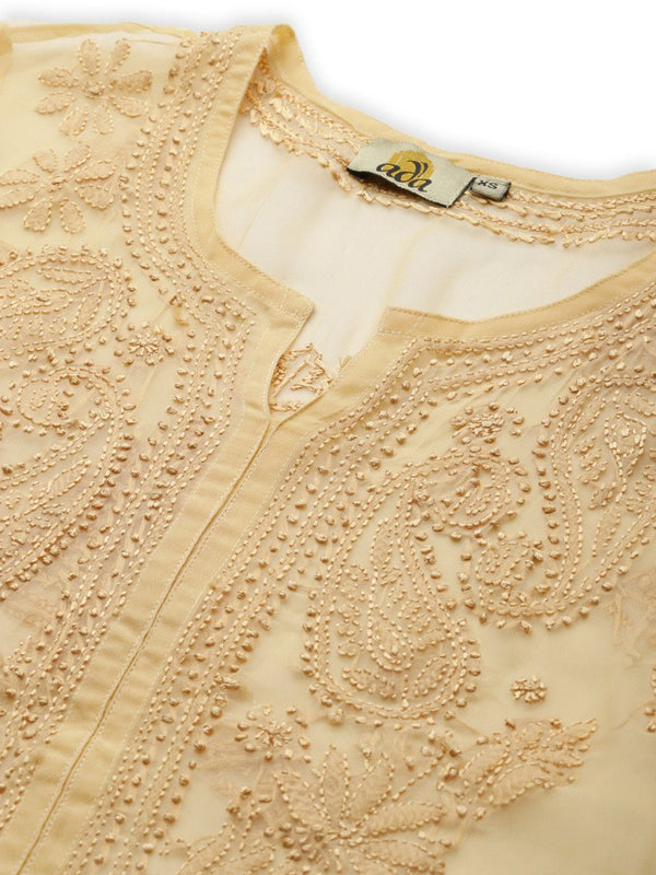 ADA Women Beige & Black Ethnic Motifs Embroidered Chikankari Handloom Kurta with Trousers & Inner - Distacart