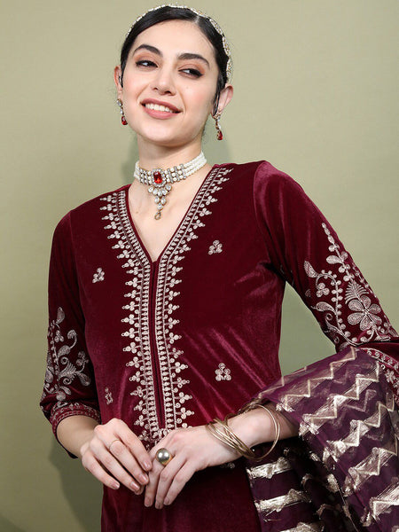 Vishudh Women Embroidered Knitted Velvet Kurta with Trousers & With Dupatta - Distacart