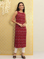 Thumbnail for Ode by House of Pataudi Women Maroon Pure Cotton Floral Printed Kurta - Distacart