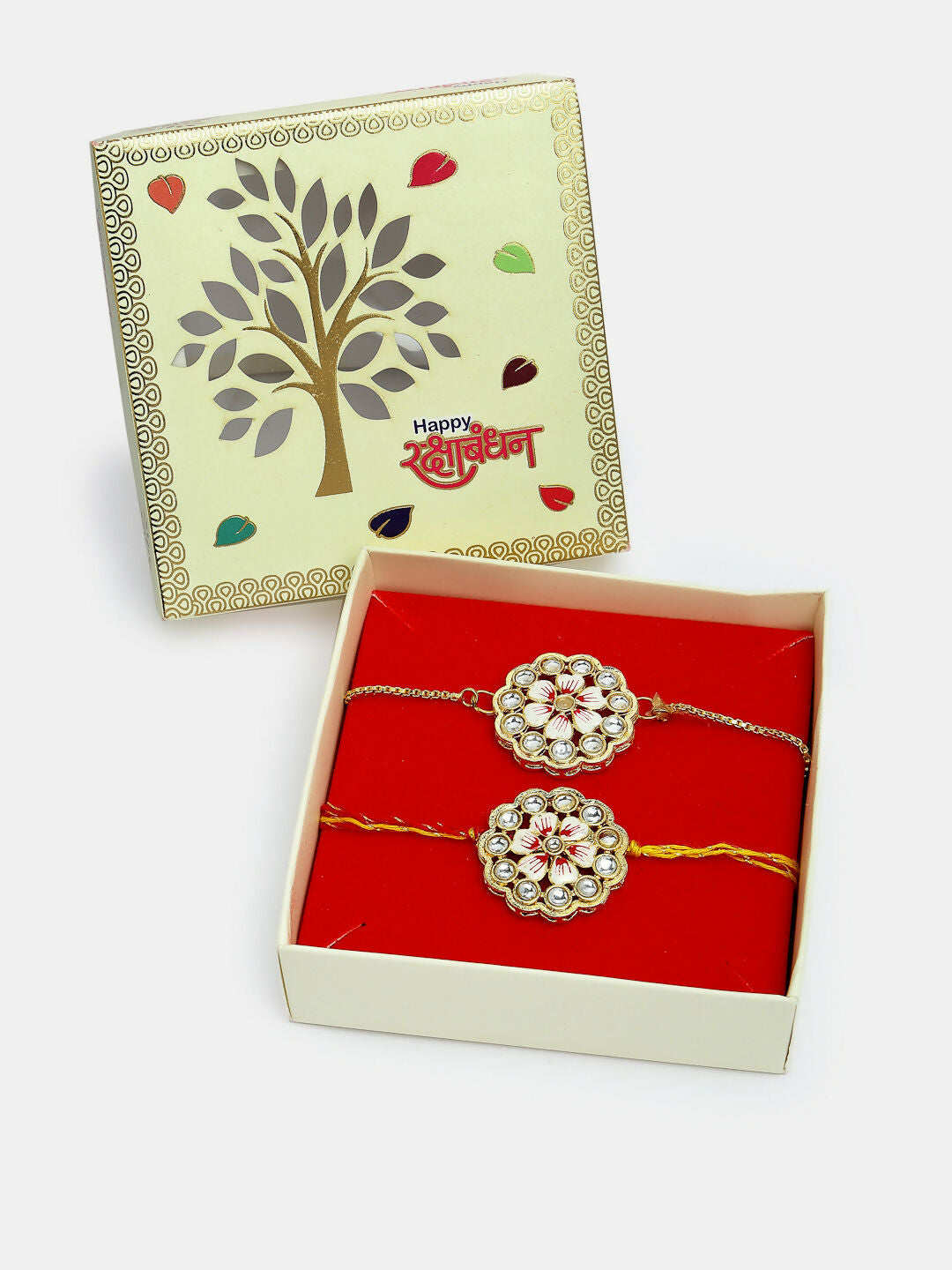 NVR Women & Men Set of 2 Gold Kundan-Studded Bhaiya Bhabhi Rakhi Set With Roli Chawal & Chocolate - Distacart