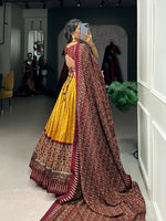 Thumbnail for Vastranavya Bandhej And Ajarakh Print Tussar Silk Lehenga Choli - Mustard - Distacart