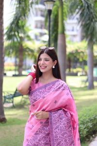 Thumbnail for Aastha Fashion Baby Pink Woven Handloom Raw Silk Saree with Blouse - Distacart