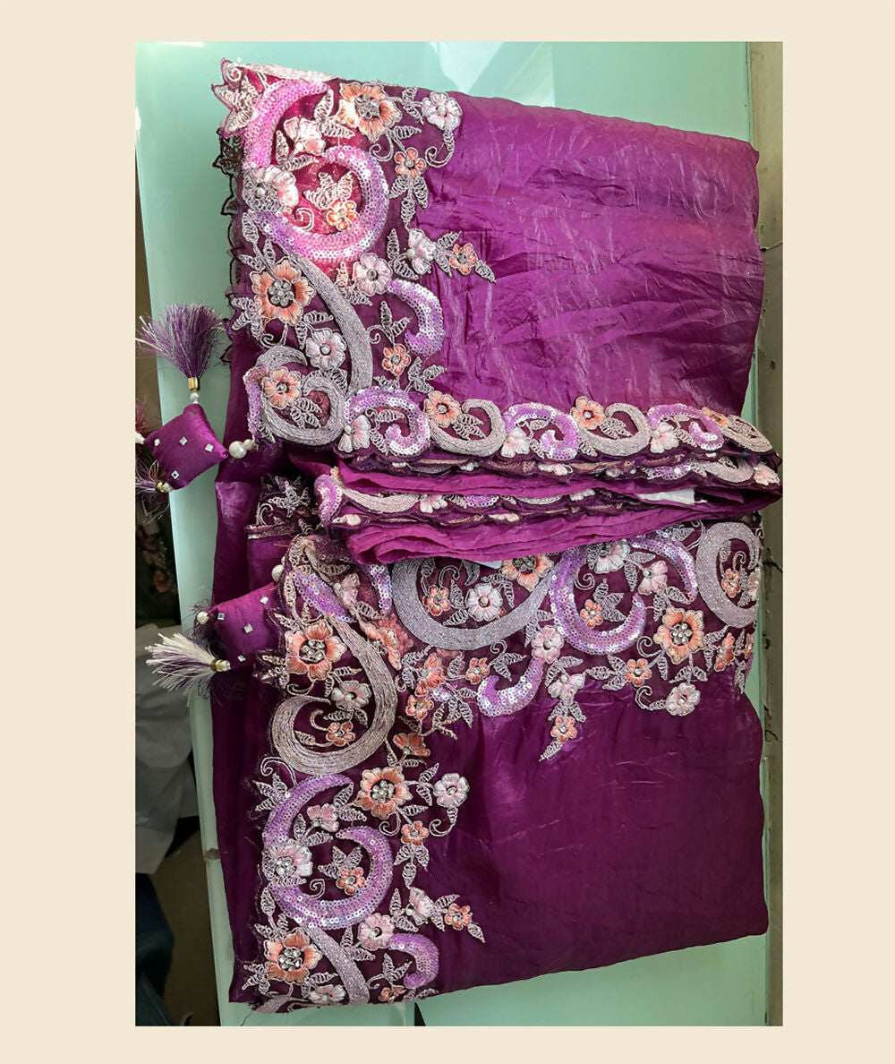 Purple Banarasi Crush Silk Thread, Sequence, Cord Embroidered with Stone & Moti Work Saree - Mohmanthan Dakshika - Distacart