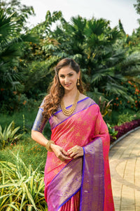 Thumbnail for Aastha Fashion Pink Woven Kanchipuram Silk Saree with Blouse - Distacart
