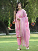 Thumbnail for Juniper Pink Ethnic Motif Printed Georgette Kurta Pants & Dupatta Set With Tassels & Lace - Distacart