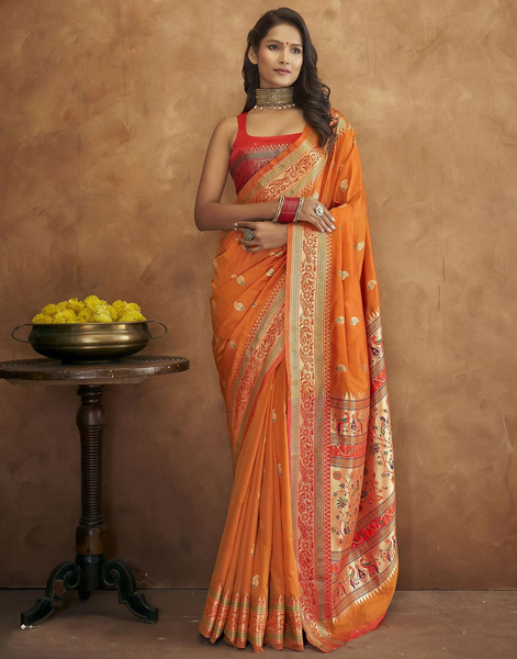 Vastranavya Orange Soft Paithani Silk Saree With Gold Zari Weaving Motifs With Matching Blouse Fabric - Distacart