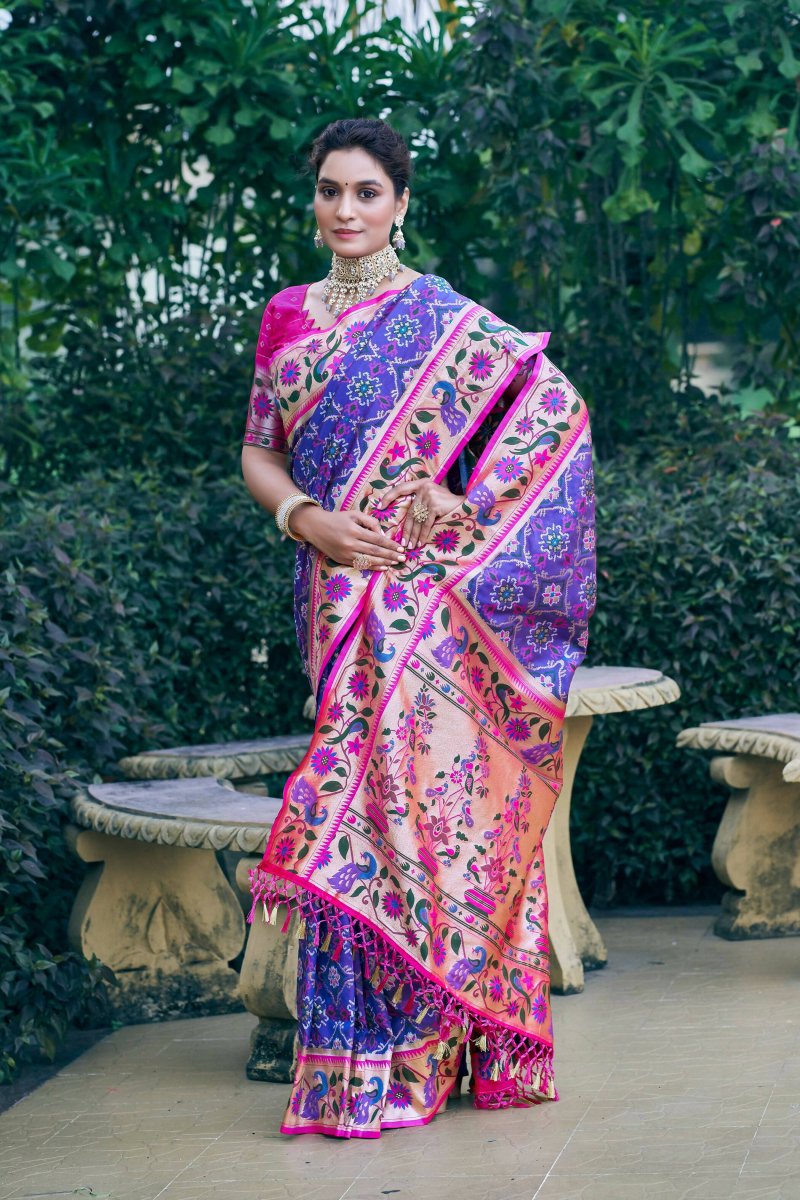 Aastha Fashion Purple Woven Patola Silk Saree with Blouse - Distacart