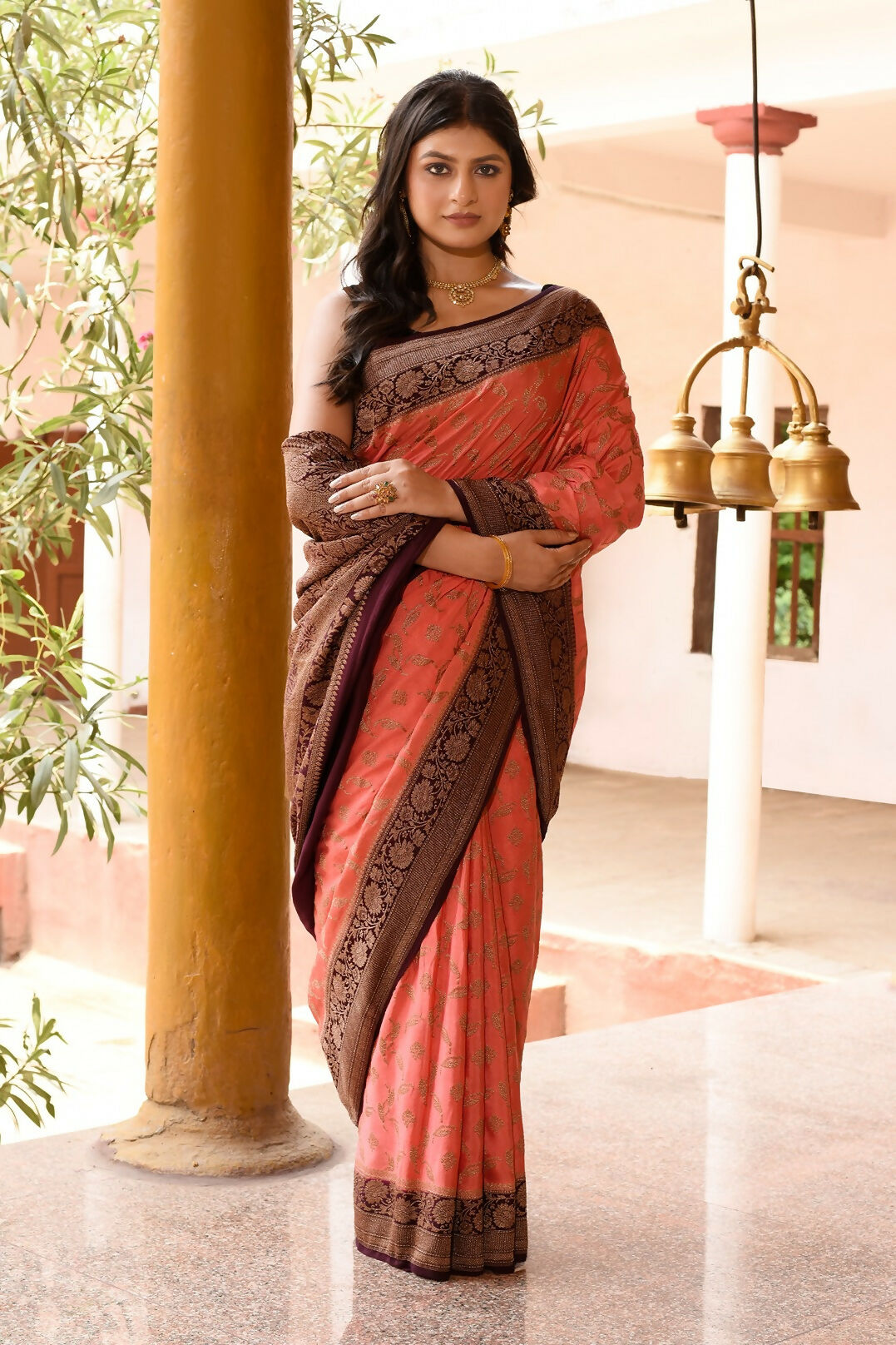 Joban Fashion Coral Crepe Chiffon Pure Handloom Banarasi Silk Saree