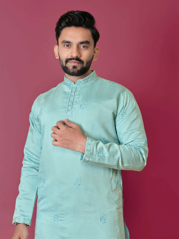 Men's Sky Blue Silk Handwork Men's Kurta Pajama by Infinity Export - Distacart