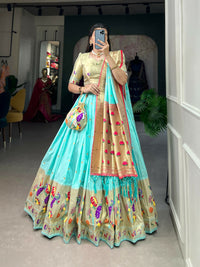 Thumbnail for Vastranavya Traditional Jacquard Silk Paithani Lehenga Choli - Sky Blue