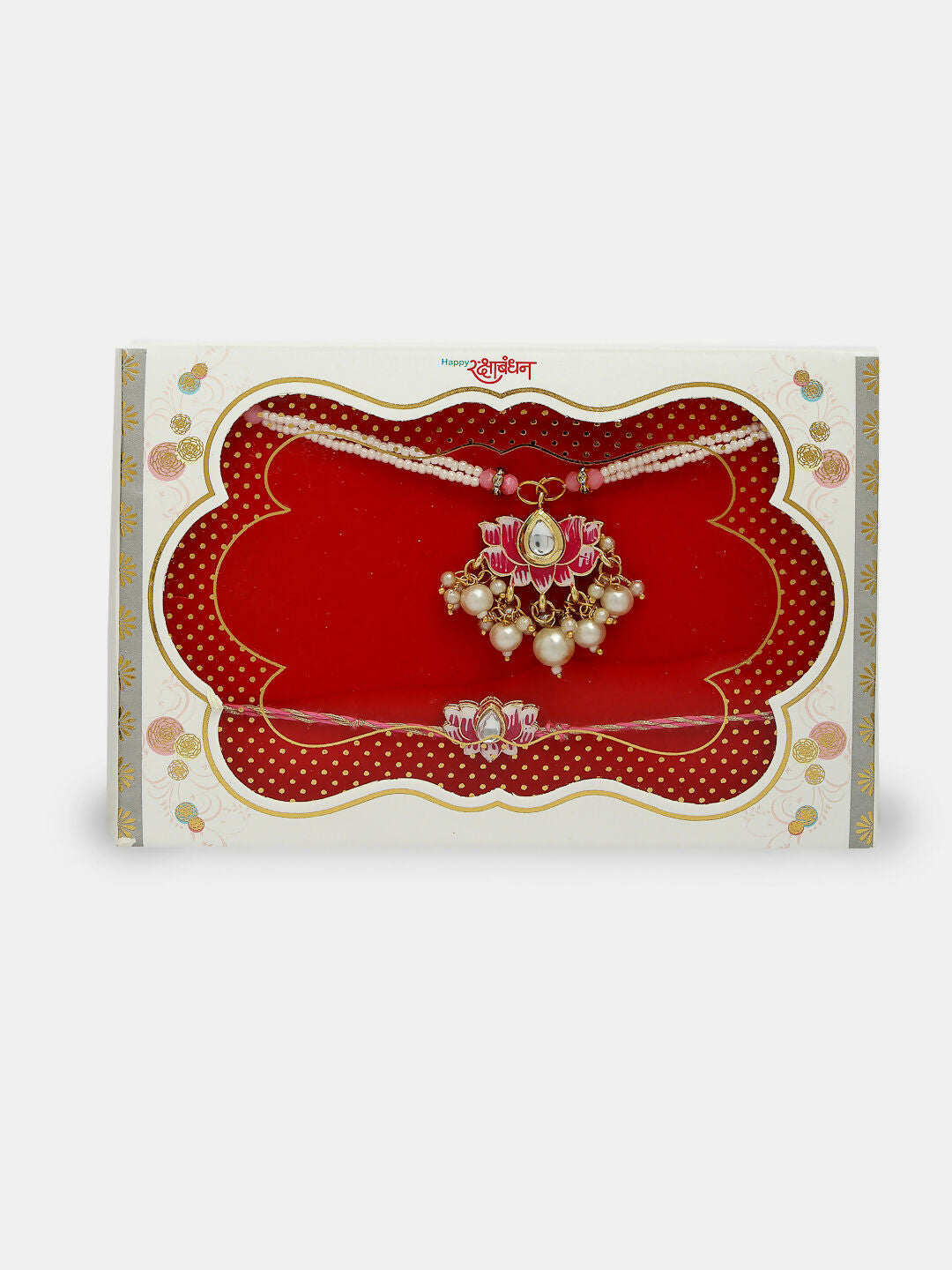 NVR Women & Men Set of 2 Pink Lotus Shape Kundan-Studded & Beaded Handcrafted Wraparound Rakhi Set With Roli Chawal - Distacart