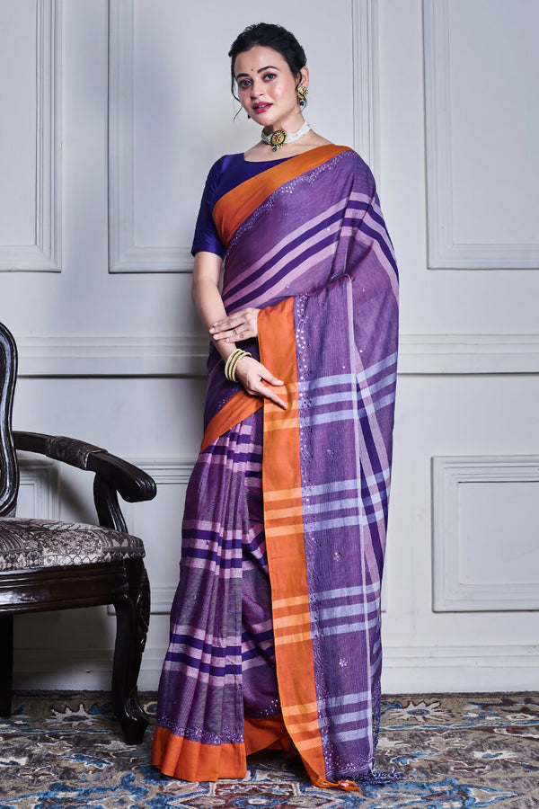 Morchari Purple Cotton Handloom Mirror Work Saree Unstitched Blouse