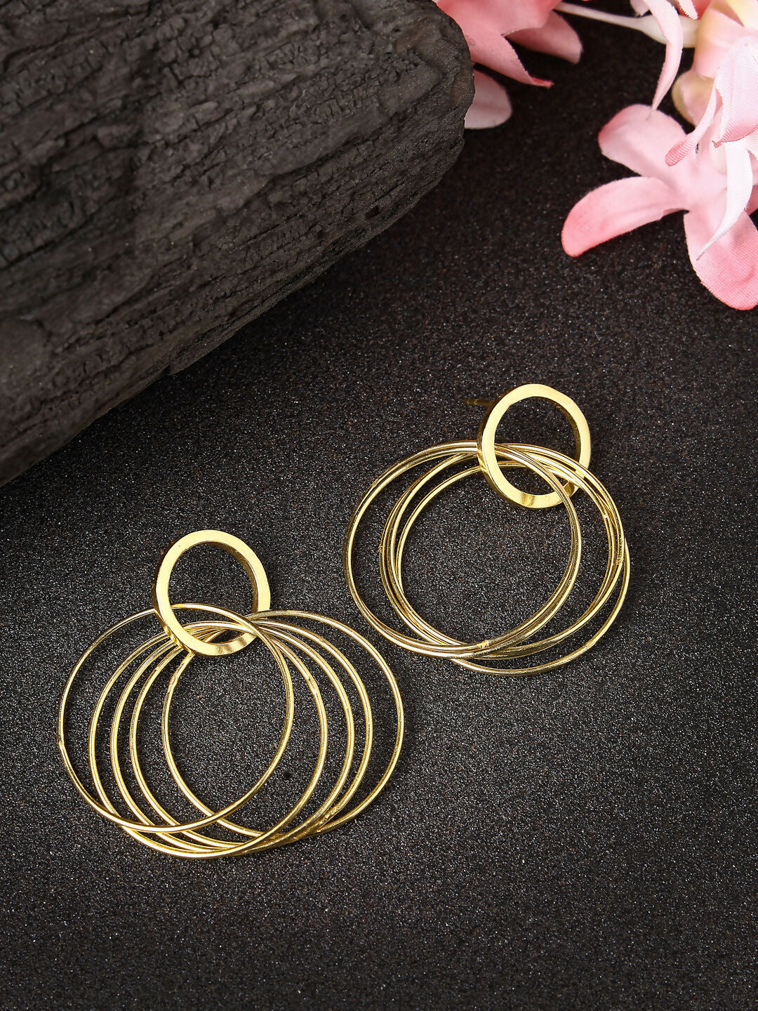 NVR Women Golden Linked Round Circle Attached Drop Earrings - Distacart