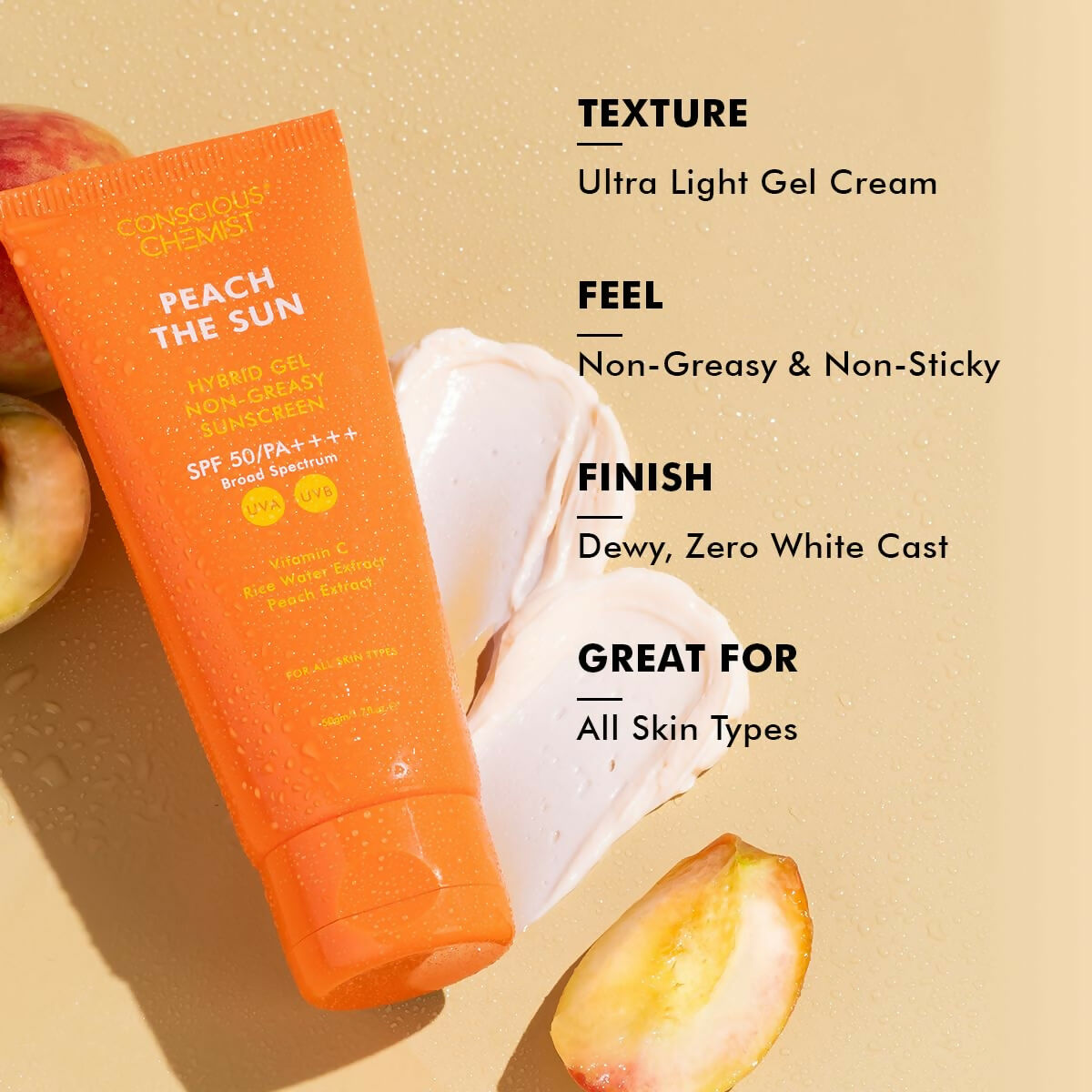 Conscious Chemist Peach The Sun Hybrid Gel Sunscreen SPF 50 PA ++++ - Distacart