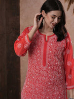 Thumbnail for ADA Women Red & White Chikankari Hand Embroidered Semi-Sheer Straight Sustainable Handloom Kurta - Distacart