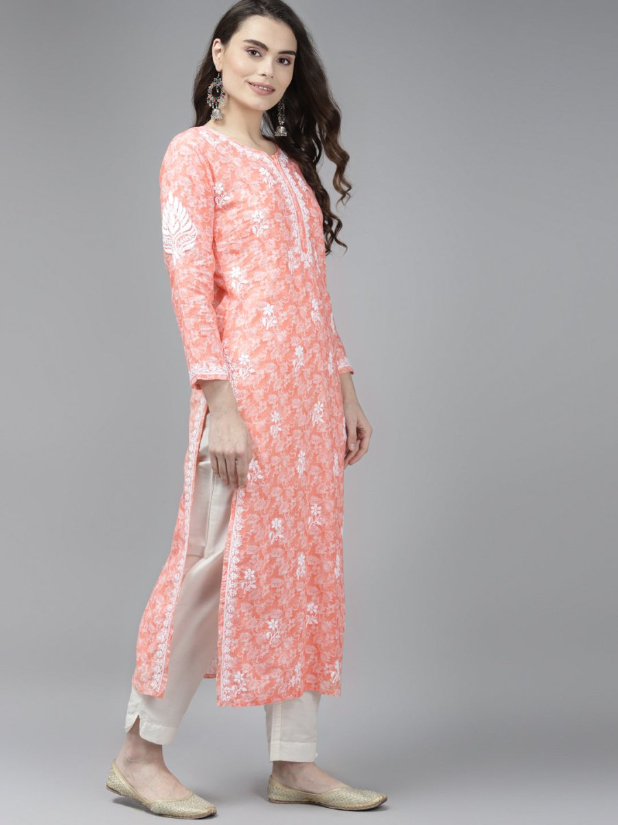 ADA Women Peach-Coloured & White Ethnic Motifs Chikankari Cotton Handloom Kurta - Distacart