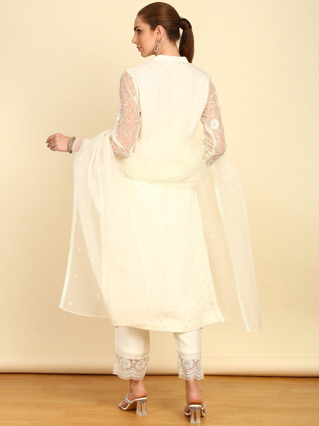 Soch Floral Embroidered Sequinned Mandarin Collar Straight Kurta With Trousers & Dupatta - Distacart