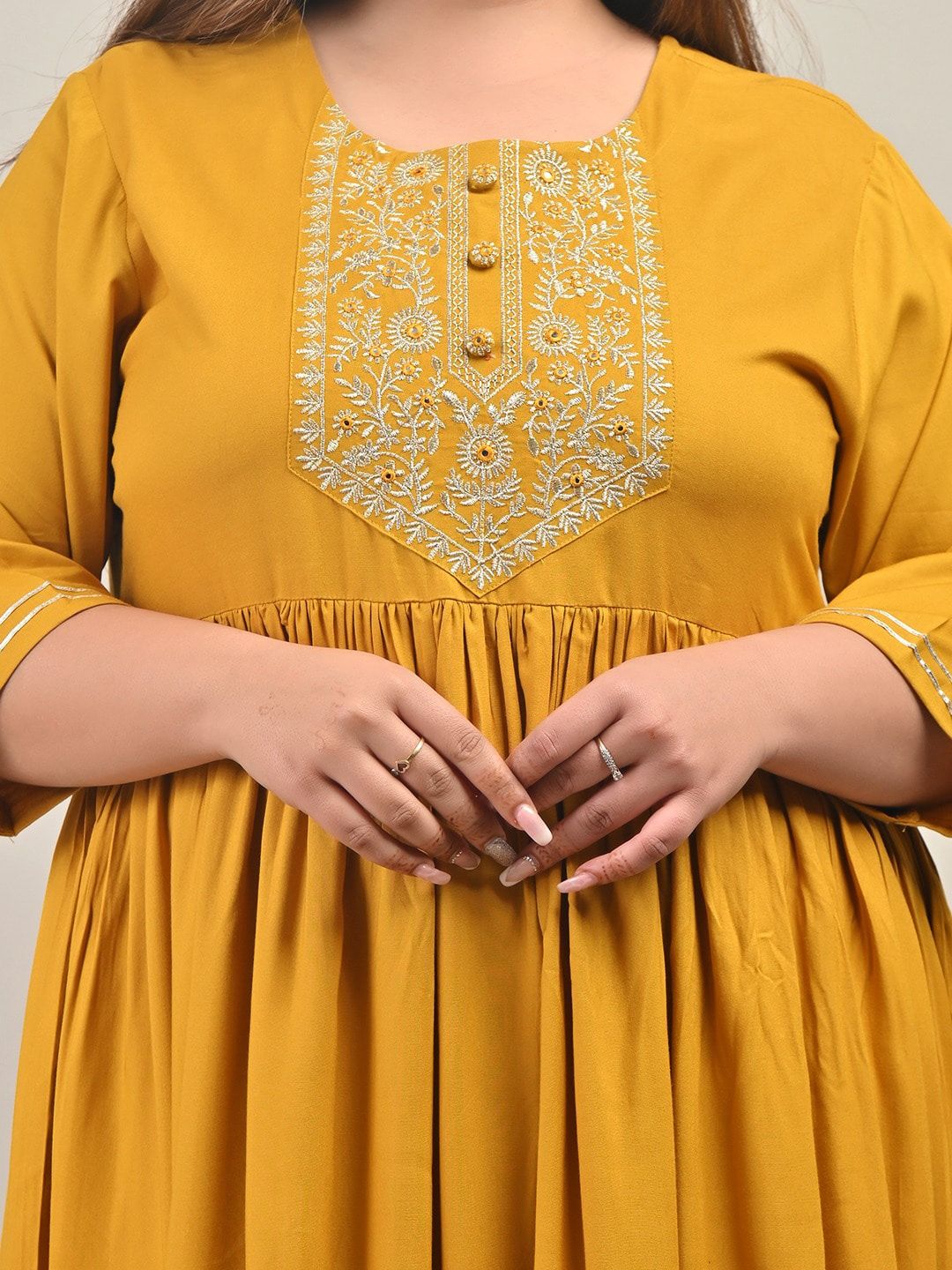 Swasti Plus Size Ethnic Motif Embroidered Round Neck Gathered Fit & Flare Maxi Dress