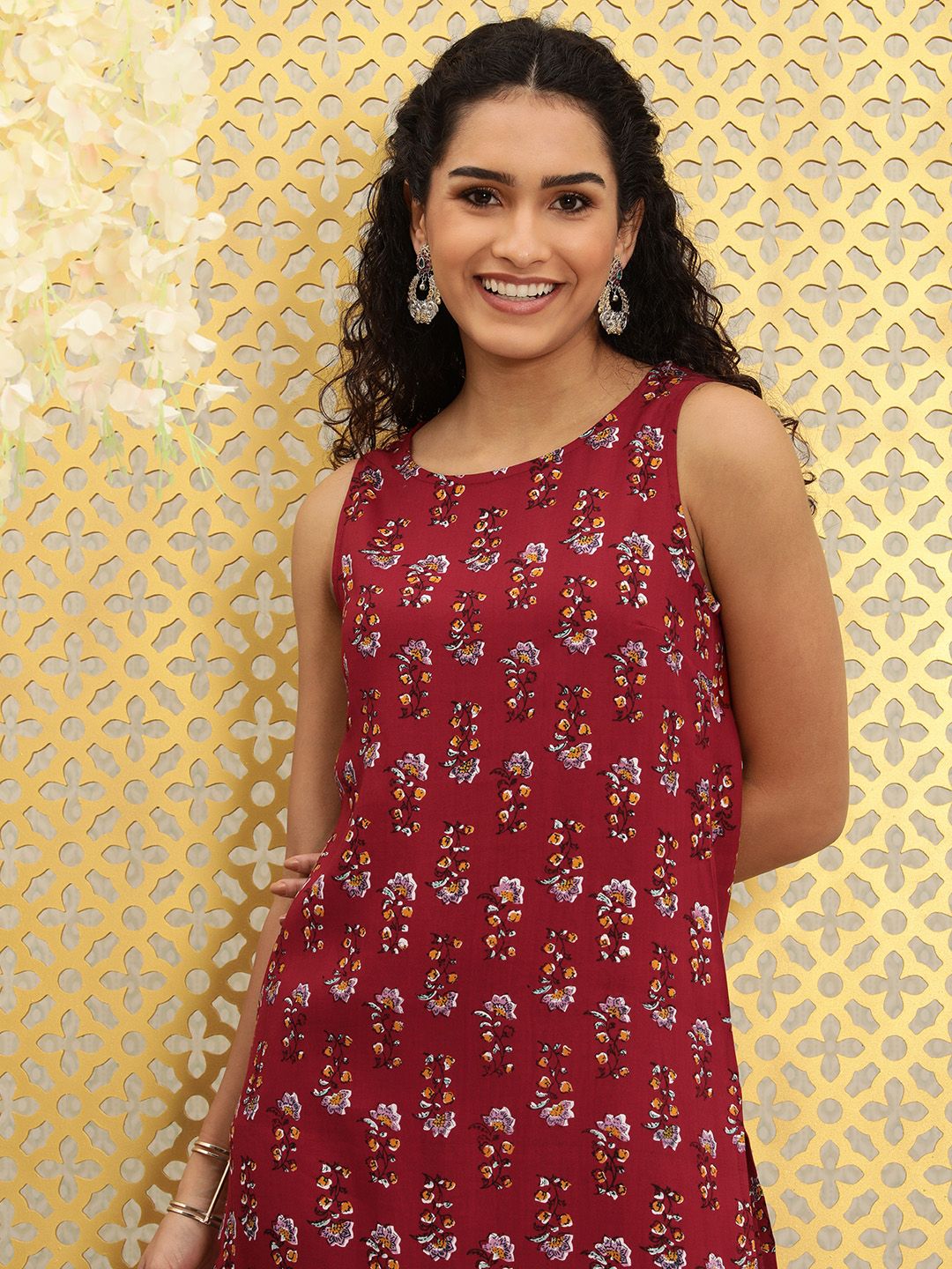 Ode by House of Pataudi Women Maroon Pure Cotton Floral Printed Kurta - Distacart