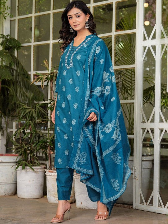 Floral Printed V-Neck Pure Cotton Straight Kurta Palazzos & With Dupatta (Blue) - Rasiya