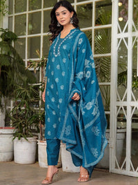 Thumbnail for Floral Printed V-Neck Pure Cotton Straight Kurta Palazzos & With Dupatta (Blue) - Rasiya