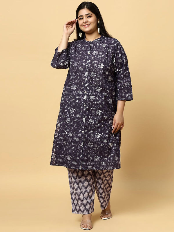 Sztori Plus Size Floral Printed Pure Cotton Straight Kurta with Trousers - Distacart