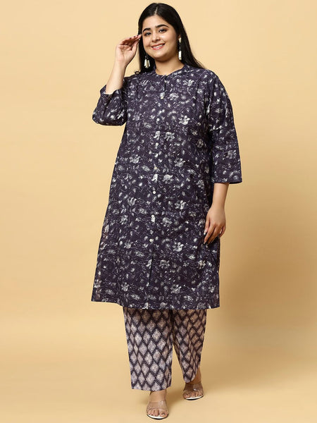 Sztori Plus Size Floral Printed Pure Cotton Straight Kurta with Trousers - Distacart