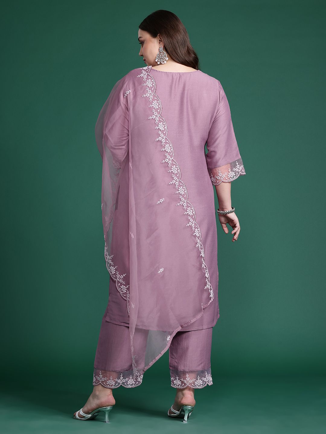 Indo Era Plus Size Floral Embroidered Thread Work Kurta With Trousers & Dupatta