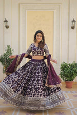 Thumbnail for Vastranavya Designer Dyeable Pure Viscose Jacquard Fabric Lehenga Choli & Dupatta Set - Wine - Distacart