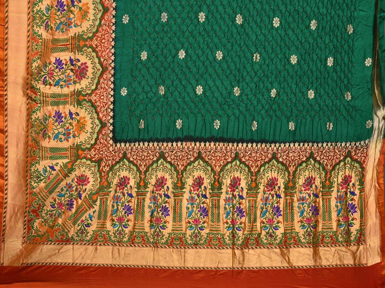 Dark Green Bandhani Paithani Silk Handloom Saree with One Side Border Design - Global Threads - Distacart