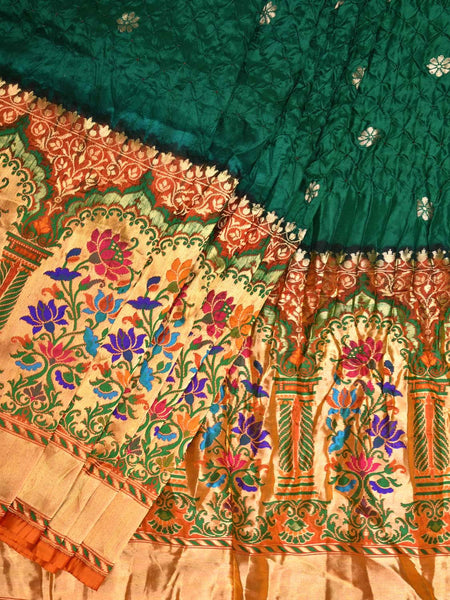 Dark Green Bandhani Paithani Silk Handloom Saree with One Side Border Design - Global Threads - Distacart