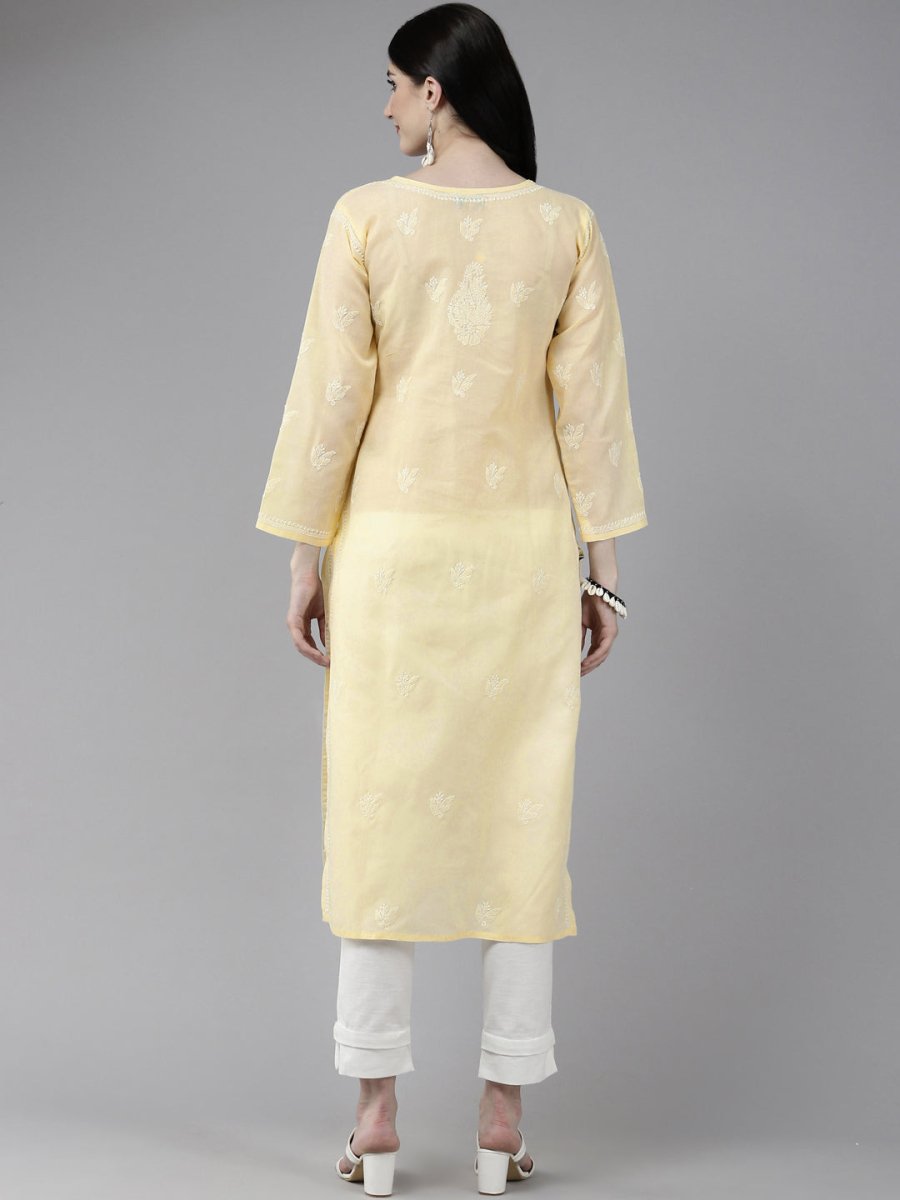 ADA Women Cream-Coloured & White Ethnic Motifs Embroidered Chikankari Cotton Kurta - Distacart