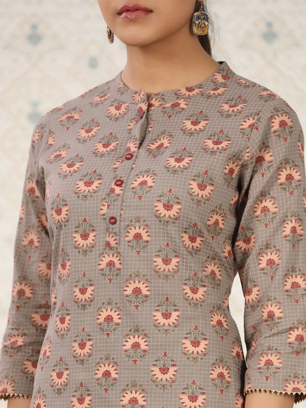 Ode by House of Pataudi Floral Printed Band Collar Pure Cotton Kurta with Trousers - Distacart