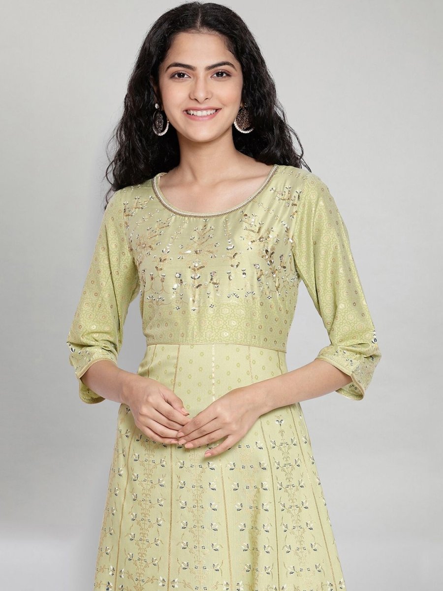 AURELIA Green Ethnic Motifs Printed Ethnic A-Line Maxi Dress