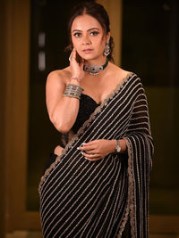 Thumbnail for Anouk Black & Gold-Toned Sequin Embellished Georgette Saree - Distacart