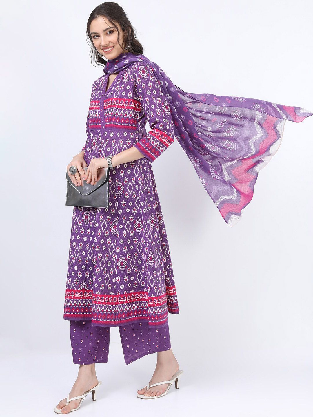 Vishudh Women Purple Printed Empire Pure Cotton Anarkali Kurta With Trousers And Dupatta - Distacart
