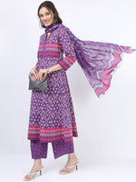 Thumbnail for Vishudh Women Purple Printed Empire Pure Cotton Anarkali Kurta With Trousers And Dupatta - Distacart