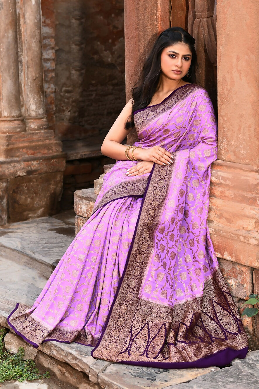Joban Fashion Lavender Crepe Chiffon Pure Handloom Banarasi Silk Saree