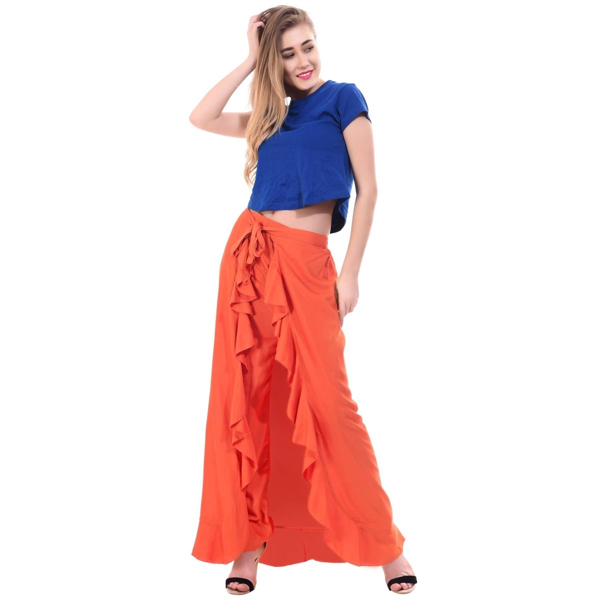 Asmaani Orange Color Plain Ruffle Palazzo