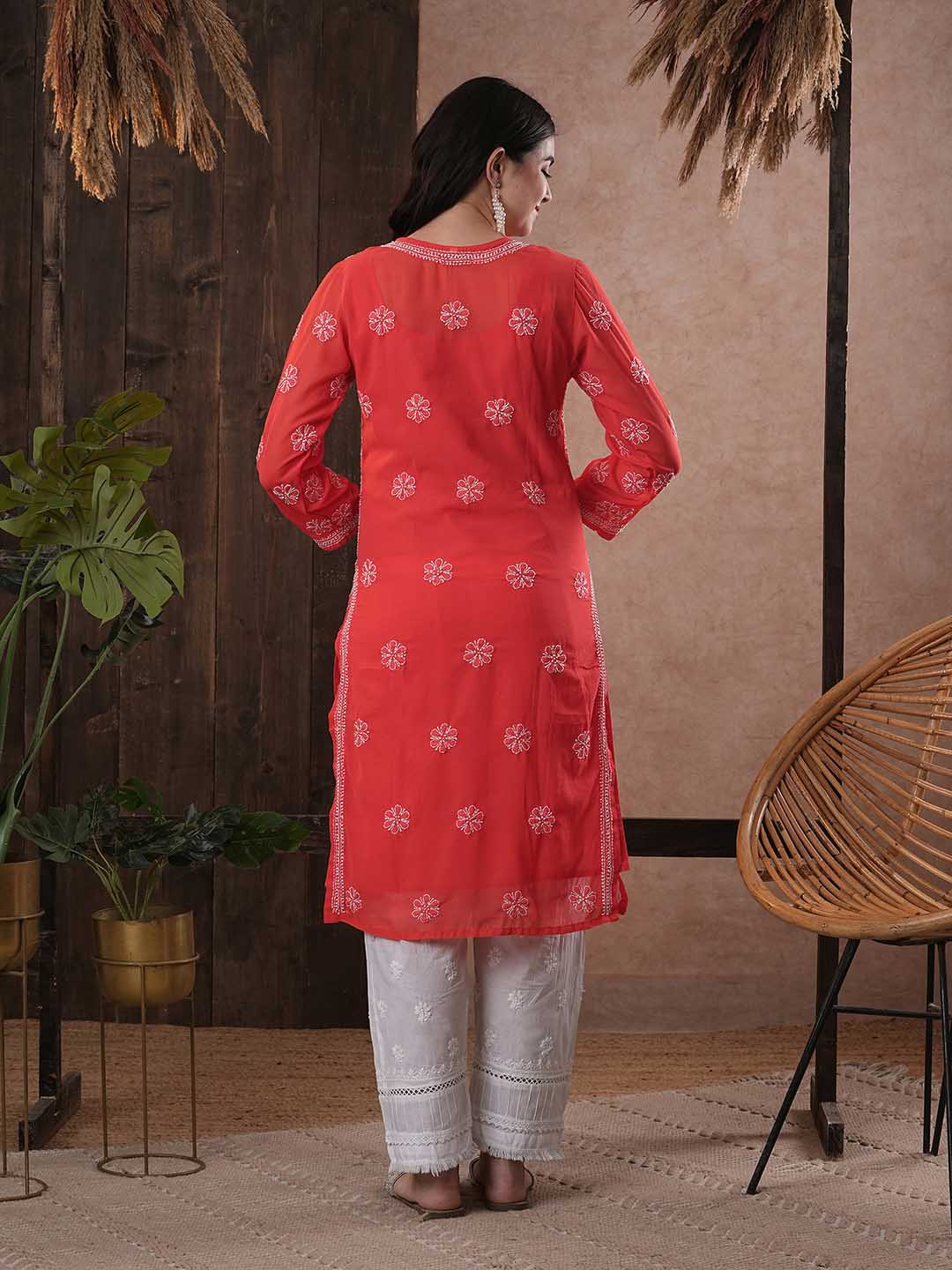 ADA Women Red & White Chikankari Hand Embroidered Semi-Sheer Straight Sustainable Handloom Kurta - Distacart